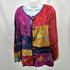Vintage Pushpa Embroidered Fish Ocean Life Multi-Color Art to Wear Jacket XL